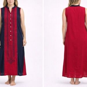 Avaasa Sleeveless 100% Rayon Red & Navy Embroidered Maxi Dress